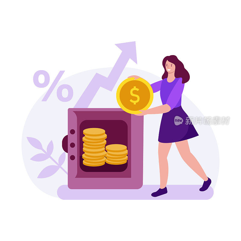 A young woman puts money into a deposit account. Safe with coins, interest income growth. Flat style. Isolated on a white background.